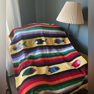 Vintage Serape Mexican Blanket Saltillo Southwestern fish design throw, rug